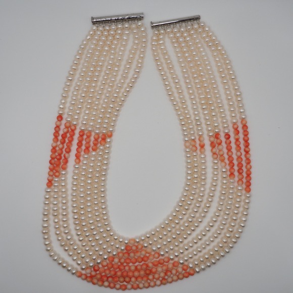 Jewelry - Multi Strand Necklace White Fresh Water Pearl Orange Glass Bead Statement Bridal